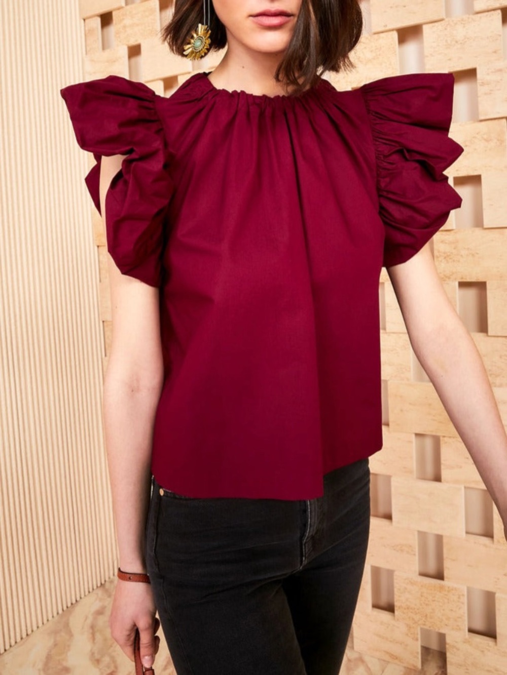 Ulla Johnson Bordeaux Cotton Poplin Flutter Sleeve Top Statement Blouse